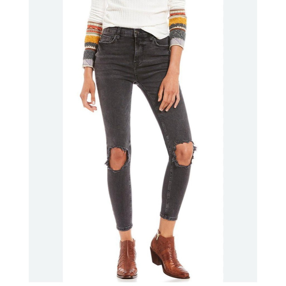 Free People Black Distressed Skinny Jeans Size 24 Stretch Denim